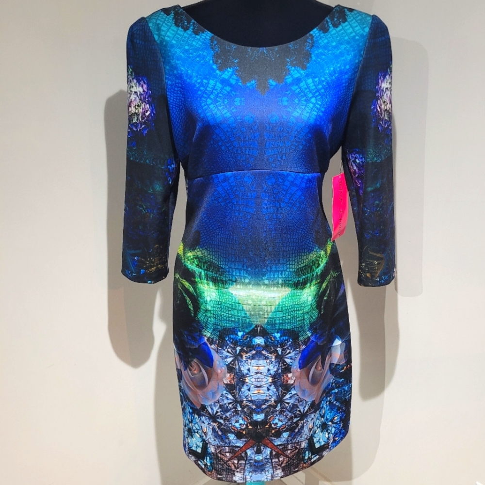 Betsey Johnson Women's Kaleidoscope Reptile Dress 12 Green Blue Statement NEW